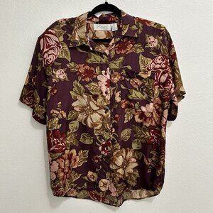 VTG 90s Royal Wear Purple Multicolored Floral 100% Blouse Shirt Size M Button Up